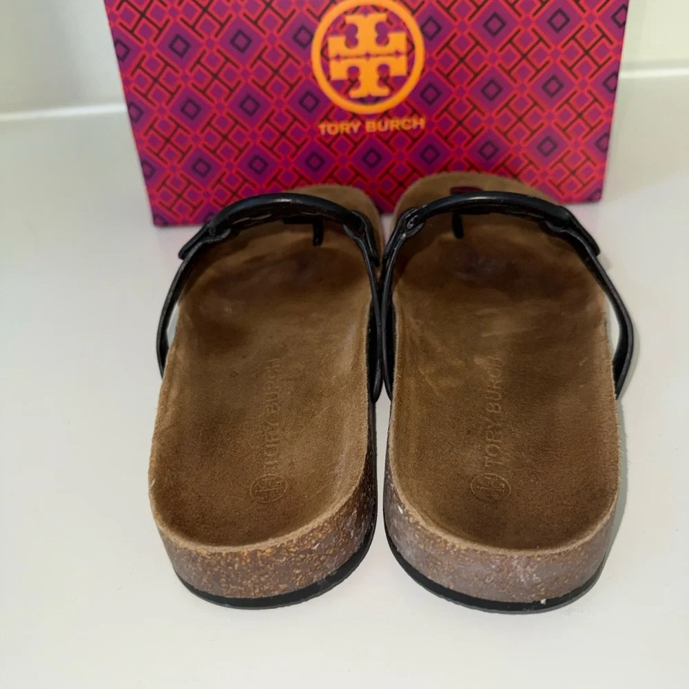 Tory Burch Women's Miller Cloud Sandals Black Patent Leather Natural Size 8